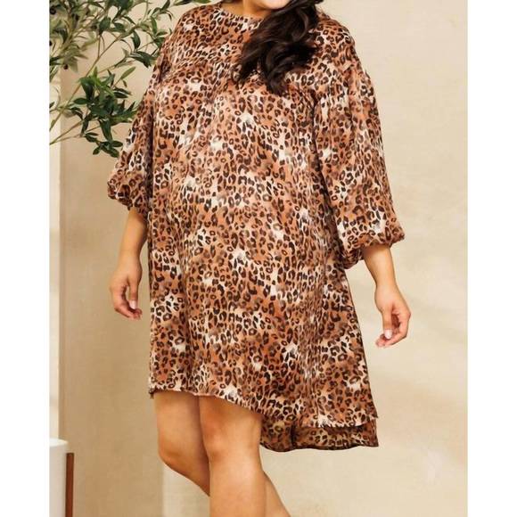 NEW ODDI leopard print round neck dress in brown - Picture 2 of 5